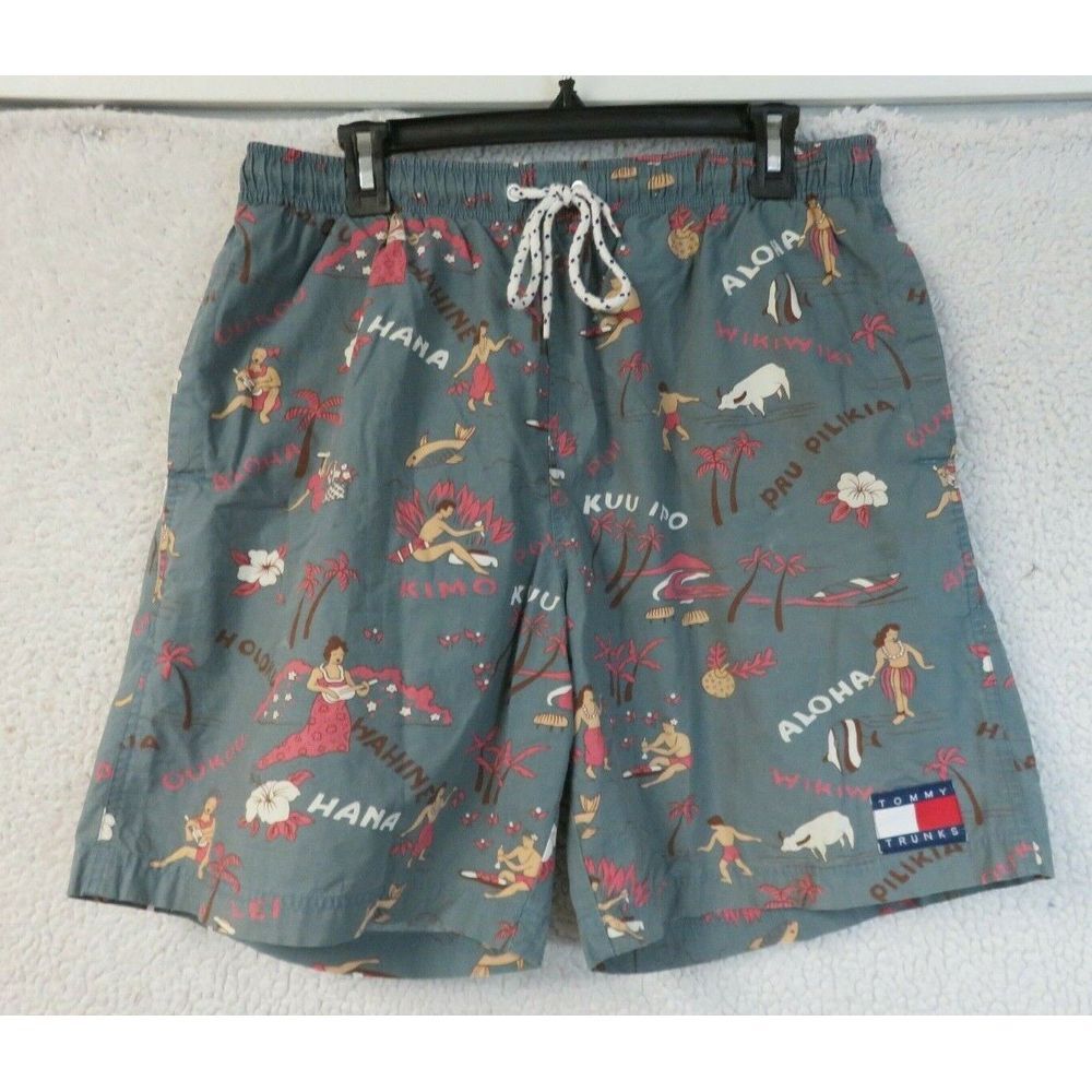 Mens Vintage Tommy Hilfiger Trunks Swim‎ NO LINER Size L Hawaiian Hula Luau